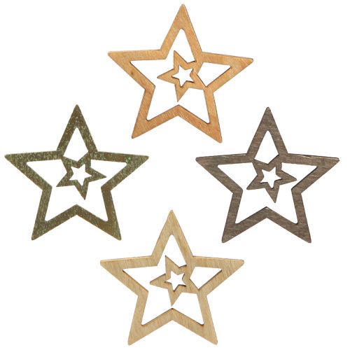 Artikel Strooidecoratie Kerst houten sterren 4 kleuren Ø4cm 72 st