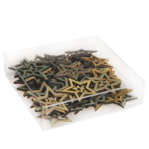 Artikel Strooidecoratie kerstster hout 4 kleuren Ø4cm 72 st