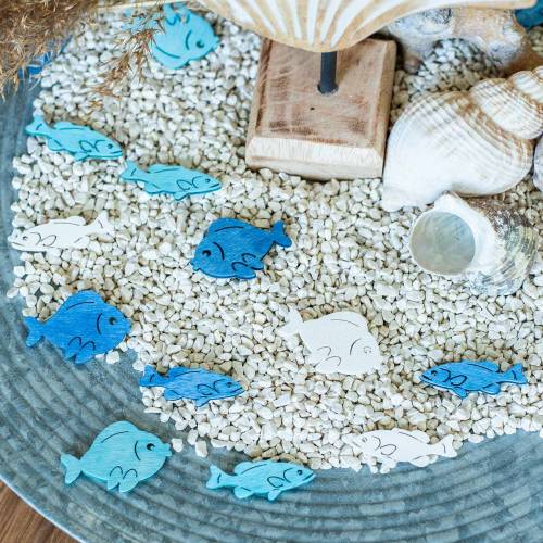 Scatter decoratie vis hout wit, blauw, lichtblauw 4cm 72st