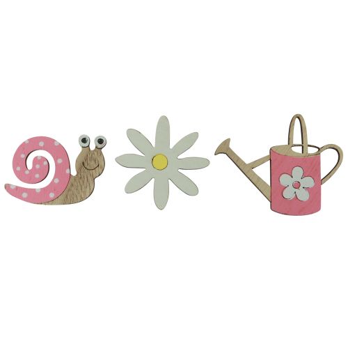 Artikel Strooidecoratie houten bloemen slakken gieter roze 4cm 36 st