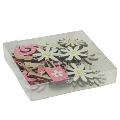Artikel Strooidecoratie houten bloemen slakken gieter roze 4cm 36 st