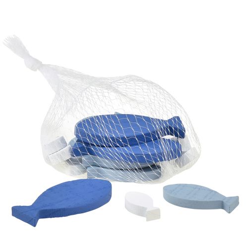 Artikel Strooidecoratie houtdecoratie vis blauw wit maritiem 3–8cm 24 st