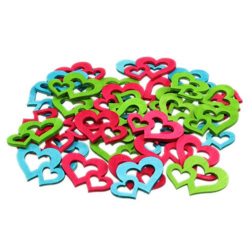 Floristik24 Strooidecoratie houten harten kleurrijk asst. 3 cm x 4 cm 72 stuks