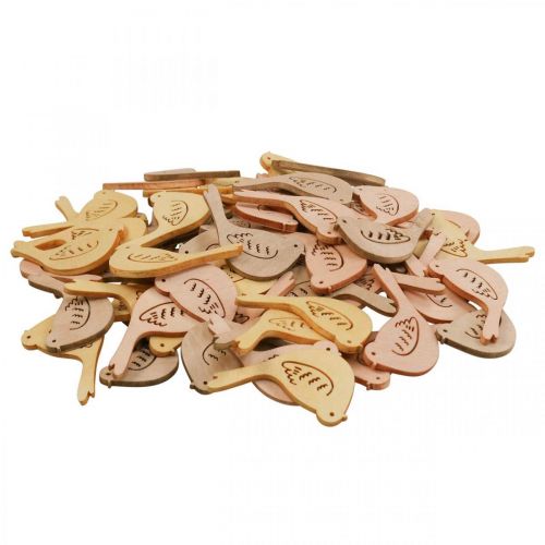 Artikel Strooidecoratie vogeldecoratie hout lente geel/beige/oranje Ø4cm 72 st