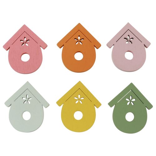 Artikel Strooidecoratie vogelhuisje houten tafeldecoratie gekleurd 2,5–3,5cm 48 stuks