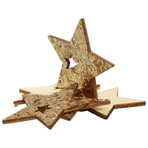 Artikel Strooidecoratie Kerst houten sterren naturel goud glitter 5cm 72 st