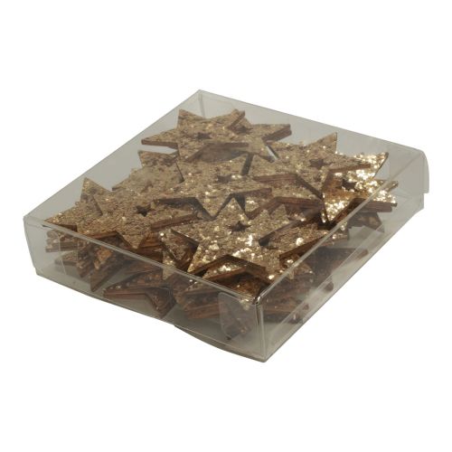 Artikel Strooidecoratie Kerst houten sterren naturel goud glitter 5cm 72 st
