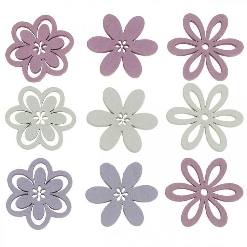 Houten bloemen strooidecoratie bloesems paars/roze/wit Ø3.5cm 48st
