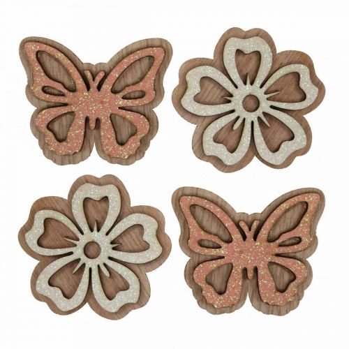 Floristik24 Strooidecoratie hout bloemen/vlinders wit/roze Ø4cm 36st