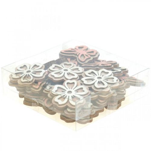 Artikel Strooidecoratie hout bloemen/vlinders wit/roze Ø4cm 36st