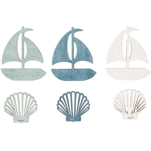 Artikel Strooistukken Houten Decoratie Schelp Boot Blauw Wit 2,5/4cm 72 Stuks