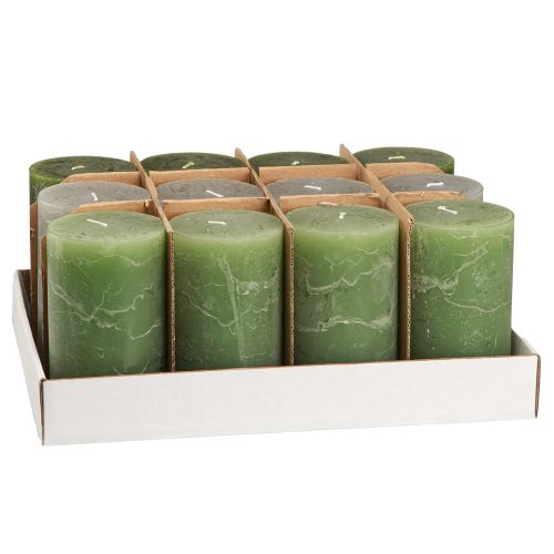 Artikel Staande kaarsen effen 3 kleuren groen 70×120mm 12 st