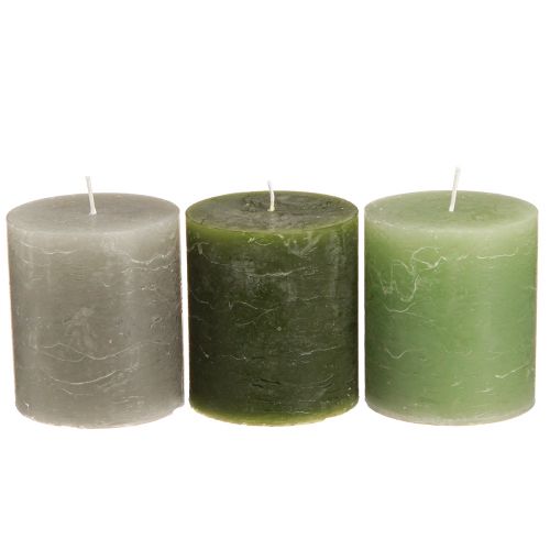 Artikel Staande kaarsen effen 3 kleuren groen 70×80mm 12 st