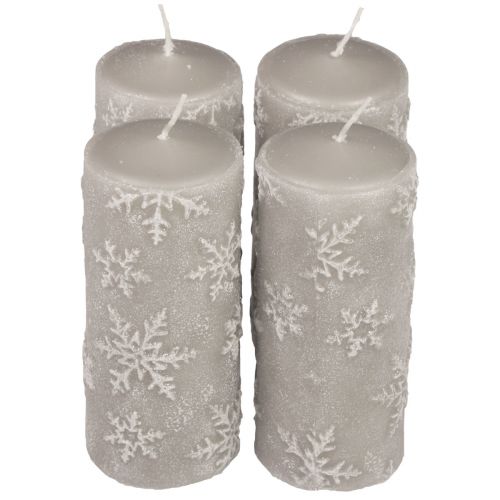 Floristik24 Stoerkaarsen grijze kaarsen sneeuwvlokken 150/65mm 4st