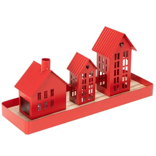Metalen theelichthouder in de vorm van huisjes, rood, met schaaltje, 35 cm, 1 set