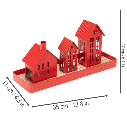 Metalen theelichthouder in de vorm van huisjes, rood, met schaaltje, 35 cm, 1 set | Floristik24.nl