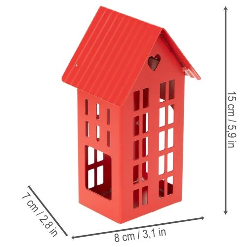 Metalen theelichthouder in de vorm van huisjes, rood, met schaaltje, 35 cm, 1 set | Floristik24.nl