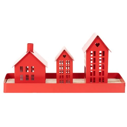 Metalen theelichthouder in de vorm van huisjes, rood, met schaaltje, 35 cm, 1 set | Floristik24.nl