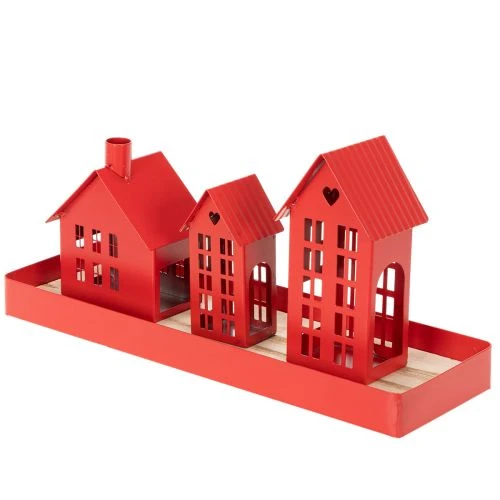 Metalen theelichthouder in de vorm van huisjes, rood, met schaaltje, 35 cm, 1 set | Floristik24.nl