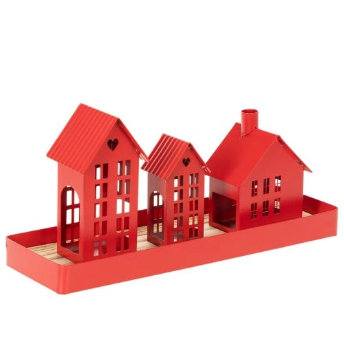 Metalen theelichthouder in de vorm van huisjes, rood, met schaaltje, 35 cm, 1 set | Floristik24.nl