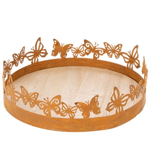 Dienblad met vlinders, veer, tafeldecoratie, metalen decoratie, roestige afwerking, Ø20cm H6,5cm kopen | Floristik24.nl