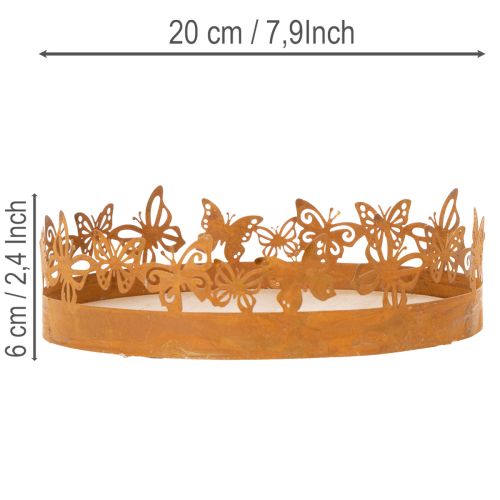 Dienblad met vlinders, veer, tafeldecoratie, metalen decoratie, roestige afwerking, Ø20cm H6,5cm | Floristik24.nl