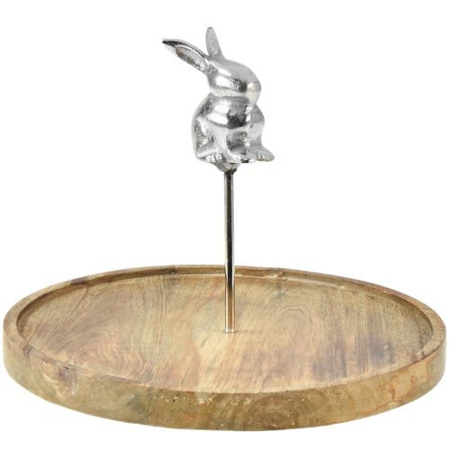 Houten dienblad naturel konijn decoratief metaal zilver Ø27,5cm H21cm