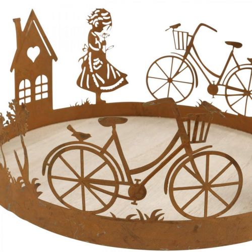 Artikel Decoratief dienblad meisje met bloem, metalen decoratie met fietshuis paardenbloem patina Ø24cm H11cm