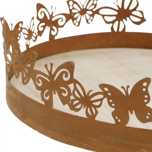 Artikel Dienblad met vlinders, lente, tafeldecoraties, metalen decoratie patina Ø20cm H6.5cm