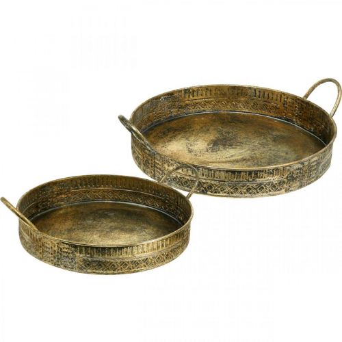 Floristik24 Decoratieve schaal met handvatten, plantenbak met patroon, gouden metalen schaal, antieke look B45,5/42cm Ø39,5/34cm set van 2