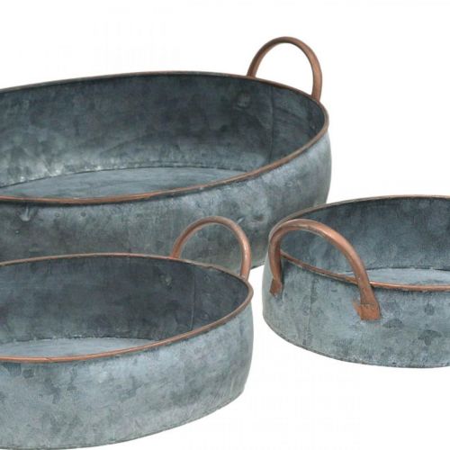 Floristik24 Metalen kom met handvatten, plantenbak, decoratief dienblad Shabby Chic zilver, white wash L35.5 / 30.5 / 26.5cm set van 3
