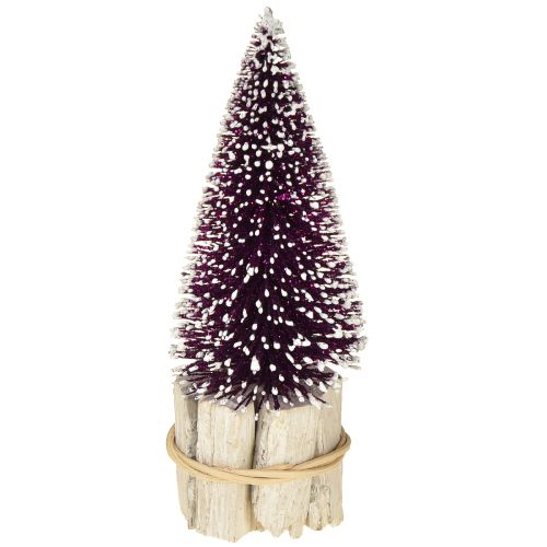 Decoratieve kerstboom in paars met sneeuwpunt op een rustieke houten voet 15cm 3 stuks.