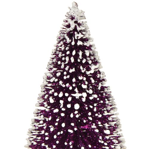 Artikel Decoratieve kerstboom in paars met sneeuwpunt op een rustieke houten voet 15cm 3 stuks.