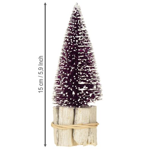 Artikel Decoratieve kerstboom in paars met sneeuwpunt op een rustieke houten voet 15cm 3 stuks.