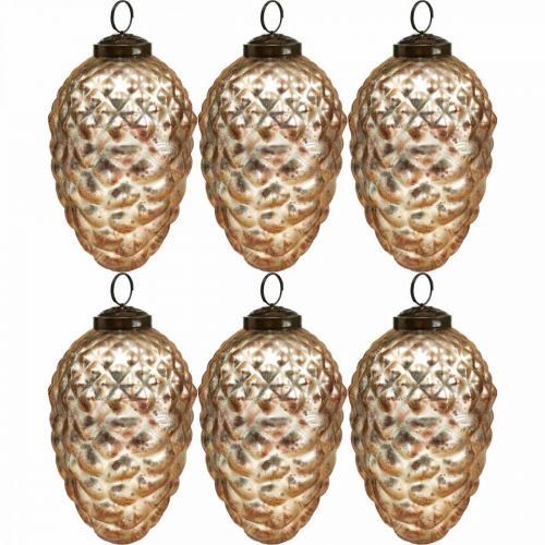 Floristik24 Denneappelhanger, kerstboomversiering, herfstdecoratie, echt glas, antiek-look Ø7cm H11,5cm 6st