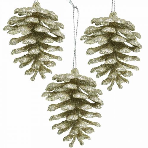 Kerstboomversiering deco kegels glitter champagne H7cm 6st