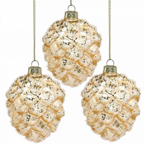 Kegels om op te hangen, boomdecoraties, met sneeuw bedekte deco kegels Gouden H9.5cm Ø8cm echt glas 3st