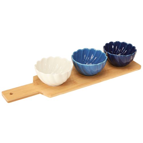 Tapasset met keramiek kommen op dienblad blauw en wit 40×10cm