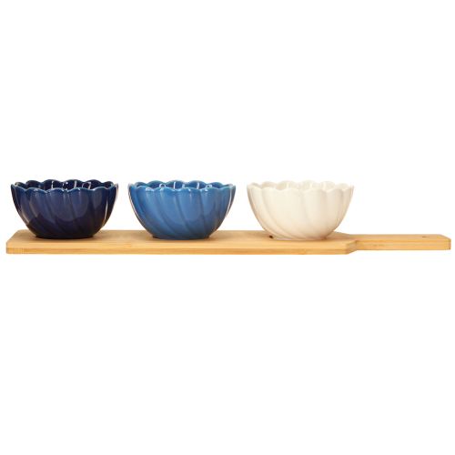 Artikel Tapasset met keramiek kommen op dienblad blauw en wit 40×10cm