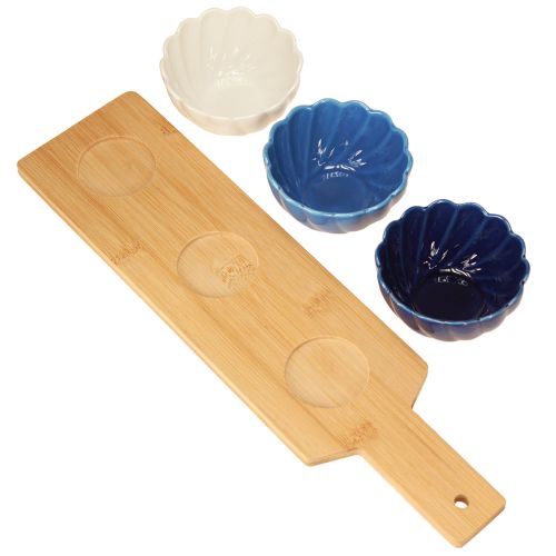 Artikel Tapasset met keramiek kommen op dienblad blauw en wit 40×10cm