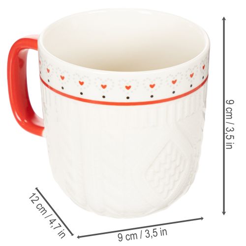 Koffiemok met rood handvat, gebreid patroon en hartversiering, keramiek, 9 cm, 2 stuks | Floristik24.nl