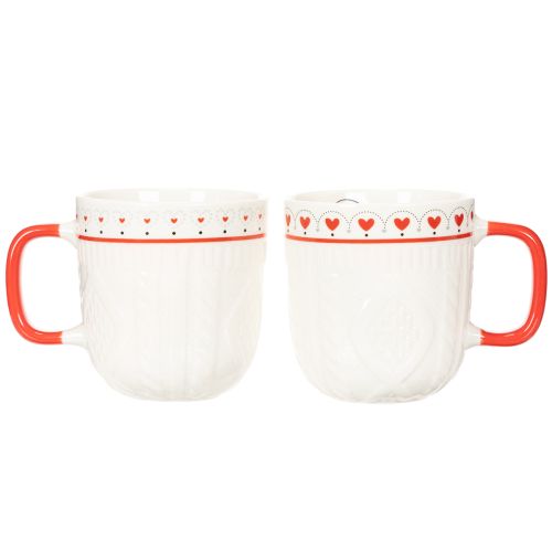Koffiemok met rood handvat, gebreid patroon en hartversiering, keramiek, 9 cm, 2 stuks | Floristik24.nl