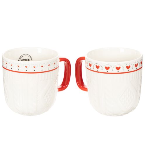 Koffiemok met rood handvat, gebreid patroon en hartversiering, keramiek, 9 cm, 2 stuks | Floristik24.nl