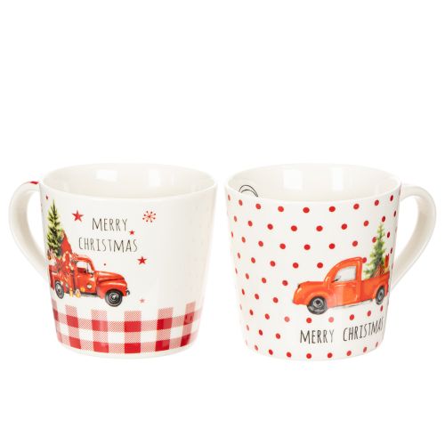 Kerstmok met auto en kerstboom, keramische mokken, 10 cm, 2 stuks