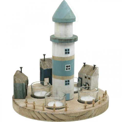 Floristik24 Lighthouse theelichthouder blauw, wit 4 theelichtjes Ø25cm H28cm