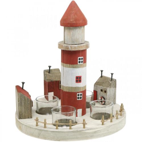 Lighthouse waxinelichthouder rood, wit 4 waxinelichtjes Ø25cm H28m