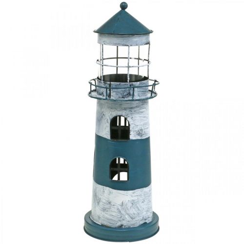 Floristik24 Theelicht vuurtoren maritieme decoratie metaal blauw, wit Ø14cm H41cm