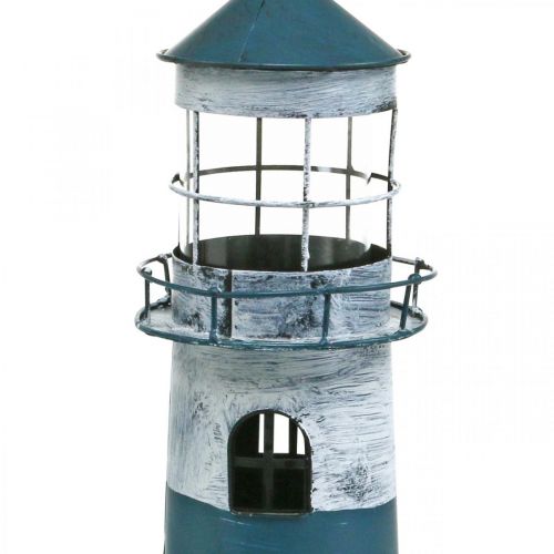 Theelicht vuurtoren maritieme decoratie metaal blauw, wit Ø14cm H41cm