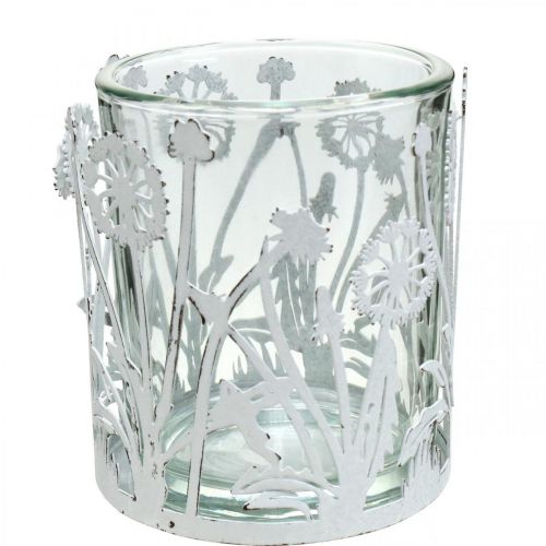 Floristik24 Lantaarn met paardebloemen, tafeldecoratie, zomerdecoratie shabby chic zilver, wit H10cm Ø8.5cm