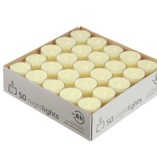 Artikel Nachtlampjes theelichtjes crème geel in plastic bakje 8 uur 50 st